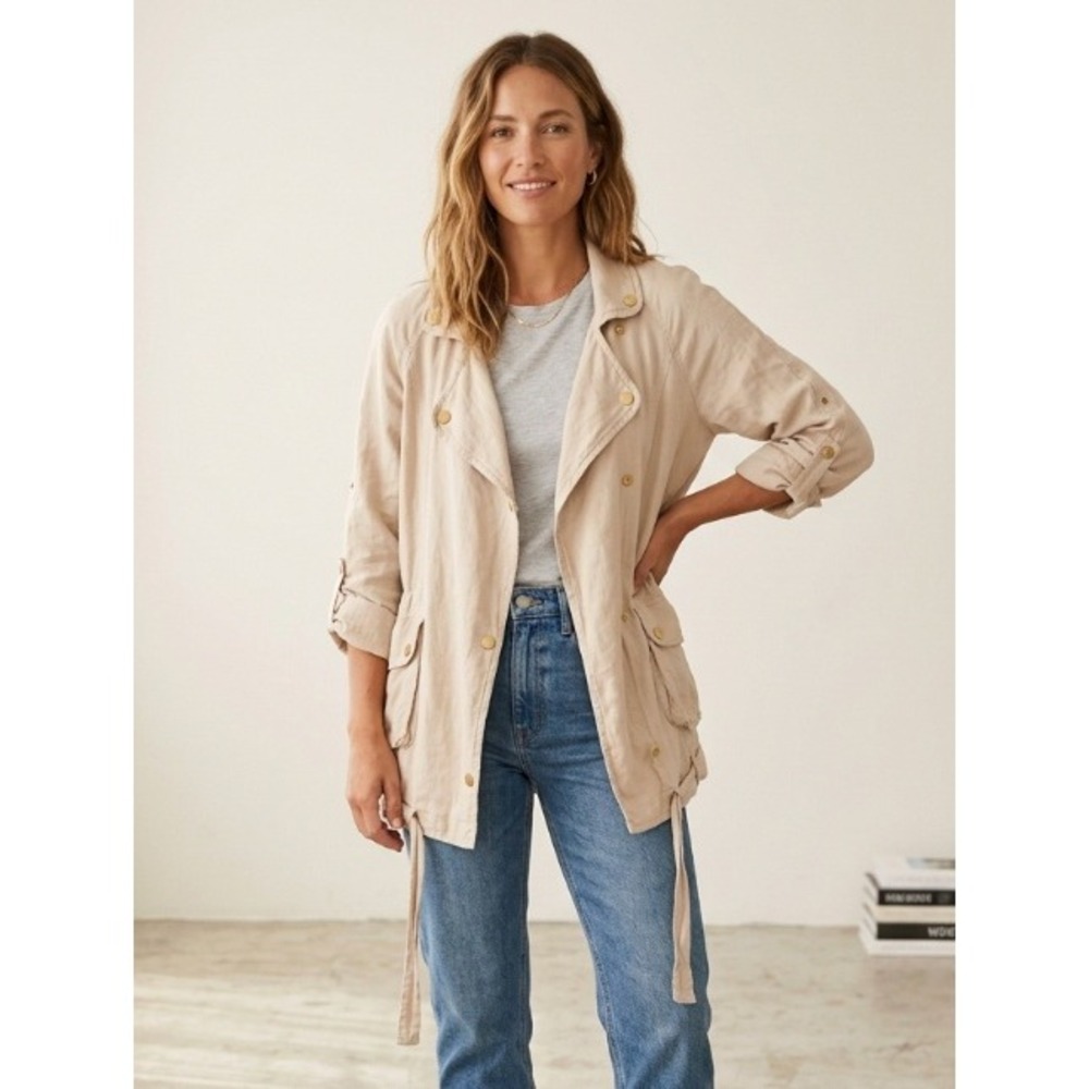 Stradivarius‎ Womens Linen Blend Utility Jacket Beige Gold Snap Tie Waist Medium